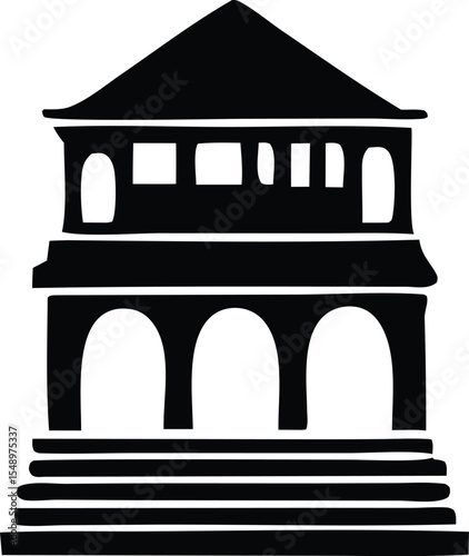 Silhouette of an Ancient Roman Style Building with Arches and Steps simple black white silhouette multi storied building arched entrances tiered steps The