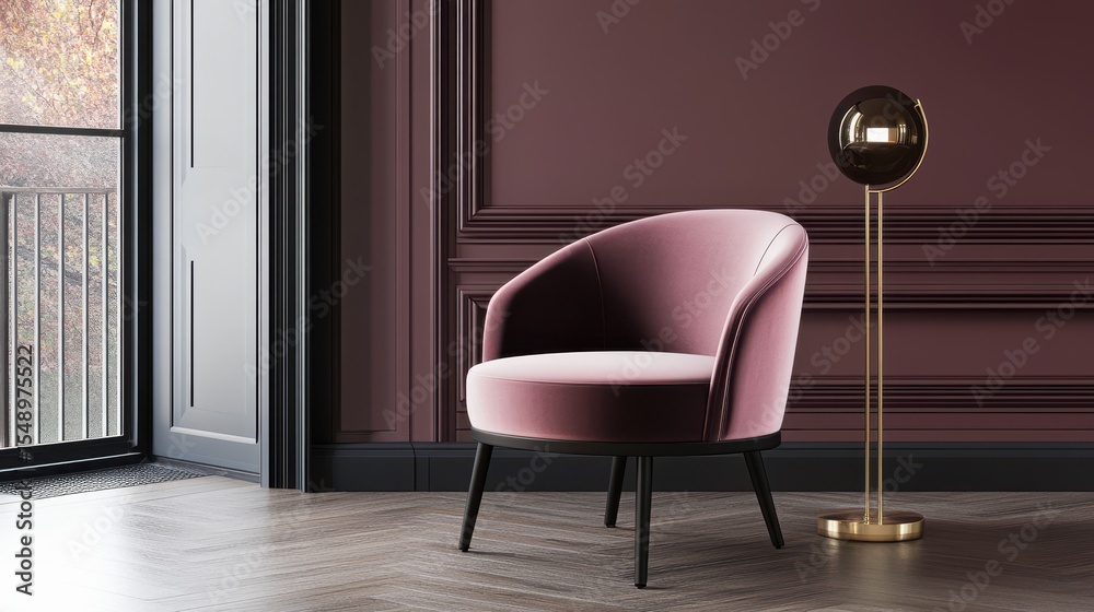 Fototapeta premium Elegant mauve velvet armchair and floor lamp in a classic room.