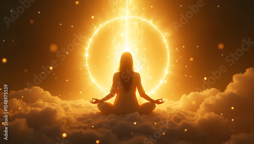 Spirit Guide Silhouette with inner light bursting out surrounded by halos of soft golden waves, with radiant streams of light flowing outward, representing a spiri