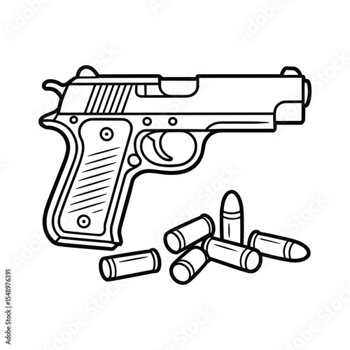Handgun with bullets, line art illustration, black and white