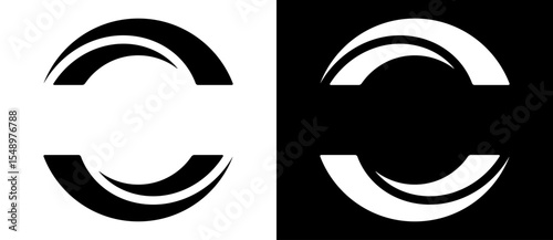 Rotating art lines in semi circle shape as symbol, logo or icon. Black shape on a white background and the same white shape on the black side.