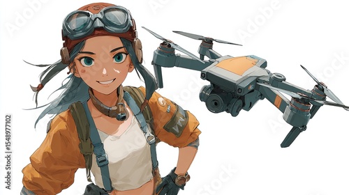 A cheerful anime-style girl with teal hair, aviator goggles, and an orange vest stands confidently beside a small, orange and grey drone, against a white background
