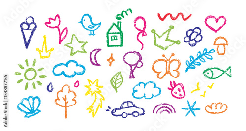 Crayon vector kid drawing. Hand drawn chalk pattern. Doodle cute illustration