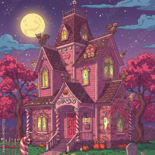 Stylized illustration of a haunted house with a whimsical