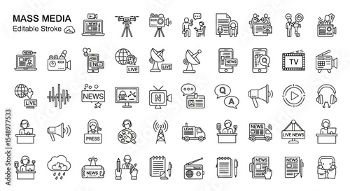Mass Media Communication Icons Editable Stroke Vector Illustrations