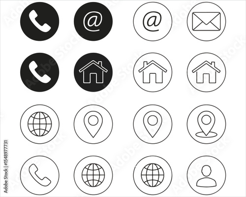 Minimalist Black and White Contact Icon Pack – Phone, Email, Web, Location & Profile Symbols for UI/UX