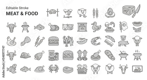 Editable Stroke Meat & Food Icon Set 50+ Culinary Illustrations