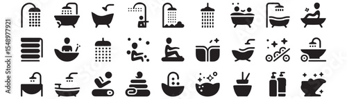 Spa and bath icon set. Vector glyph pictograms of shower, bathtub, sauna, jacuzzi, swimming pool, relaxation, hygiene, wellness, soap bubbles black silhouette illustration. 