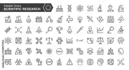 Scientific Research Icon Sheet 70+ Editable Stroke Line Icons