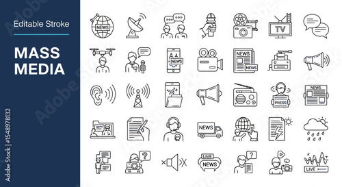 Mass Media Icon Sheet Editable Stroke Line Icons for Design Projects