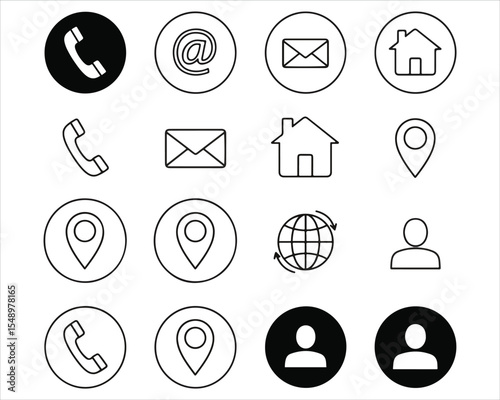 Minimalist Black and White Contact Icon Pack – Phone, Email, Web, Location & Profile Symbols for UI/UX