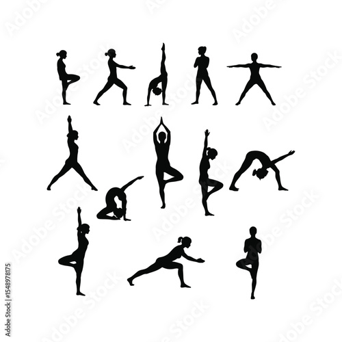 Collection of female yoga poses silhouettes fitness exercise workout healthy lifestyle