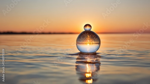 Crystal Sphere Reflecting Sunrise Over Calm Water Surface