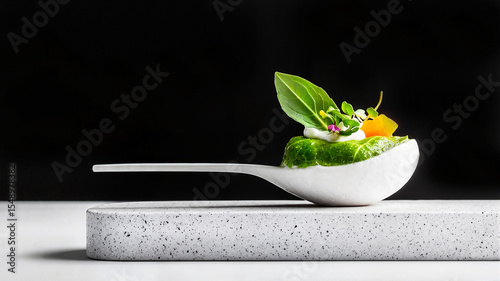 Elegant appetizer presented on a minimalist spoon against black background  
