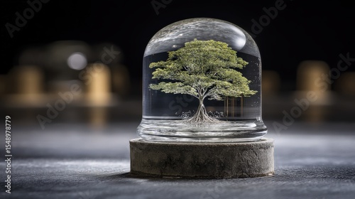 Glass Dome with Tree Displayed on Concrete Base for Nature Theme
