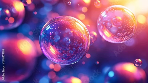 Vibrant spheres float in a colorful, blurred backdrop