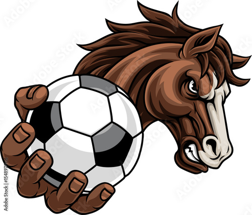 Horse mustang bronco stallion soccer football angry sports team mascot holding a ball.