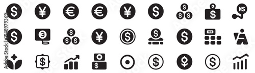 Currency exchange, financial growth icon set. Vector glyph pictograms of dollar, euro, yen, cryptocurrency, stock market, banking, investment, global economy black silhouette illustration. 