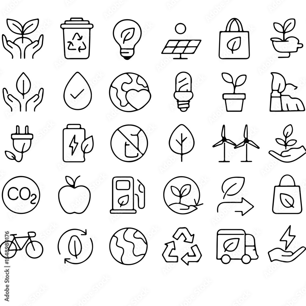 Fototapeta premium Set of environmental and nature icons. Hand-drawn ecology design elements. Illustration depicts concepts of renewable energy, environmental protection.