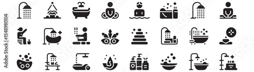 Spa and bath icon set. Vector glyph pictograms of shower, bathtub, sauna, jacuzzi, swimming pool, relaxation, hygiene, wellness, soap bubbles black silhouette illustration.