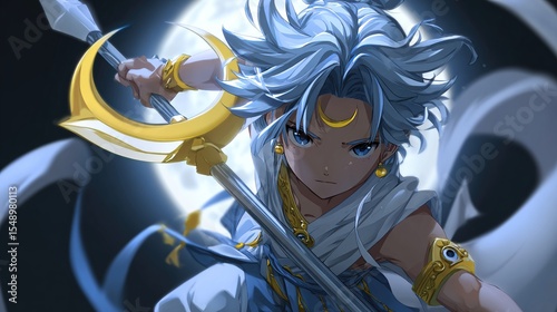 A young, determined warrior with light blue hair,  holds a crescent-shaped spear, posed dramatically before a full moon, wearing flowing light blue and gold attire