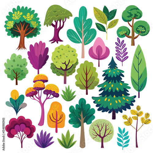 Collection of Colorful Cartoon Trees and Plants on a White Background
