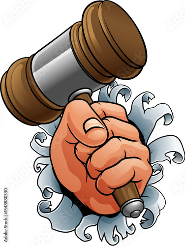 An auctioneer or judge hand holding a wooden hammer gavel