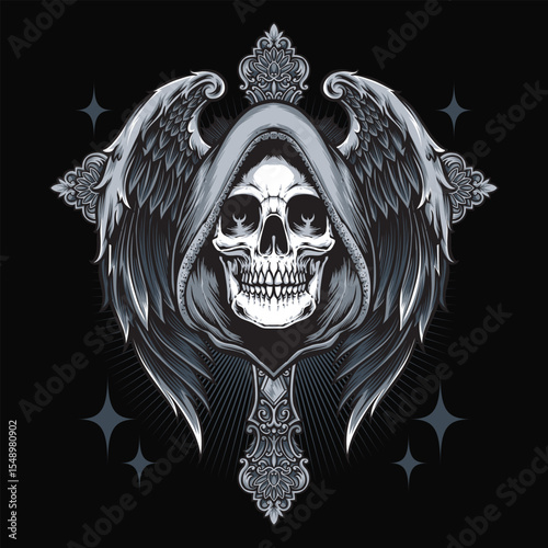 skull reaper with angel wings and gothic cross