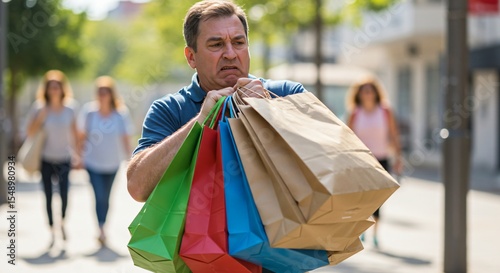 Stubborn Person Attempting to Carry All Grocery Bags Alone, Refusing Offered Help