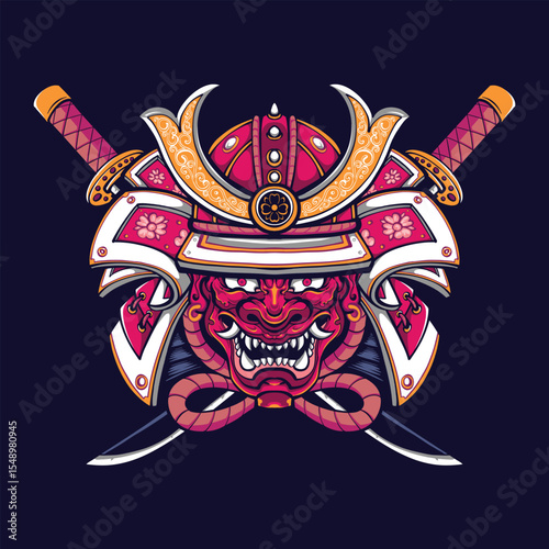 japanese samurai with oni mask and katana