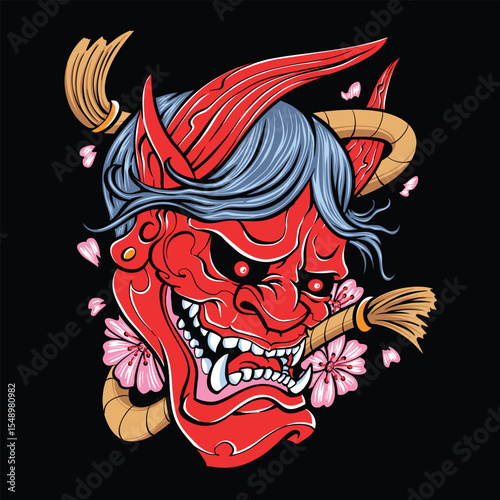 red japanese oni mask with sakura