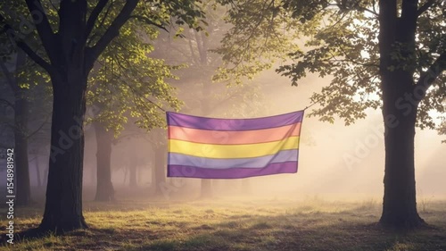 Sunrise Serenity A Gay Pride Flag in a Misty Forest
