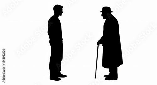 Silhouettes of a younger man and an older man with a cane facing each other on a white background