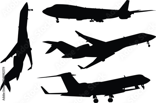 Airplanes silhouettes – Military Squadron. Bold silhouettes of military jets in formation flight, strong and dynamic against a transparent background.