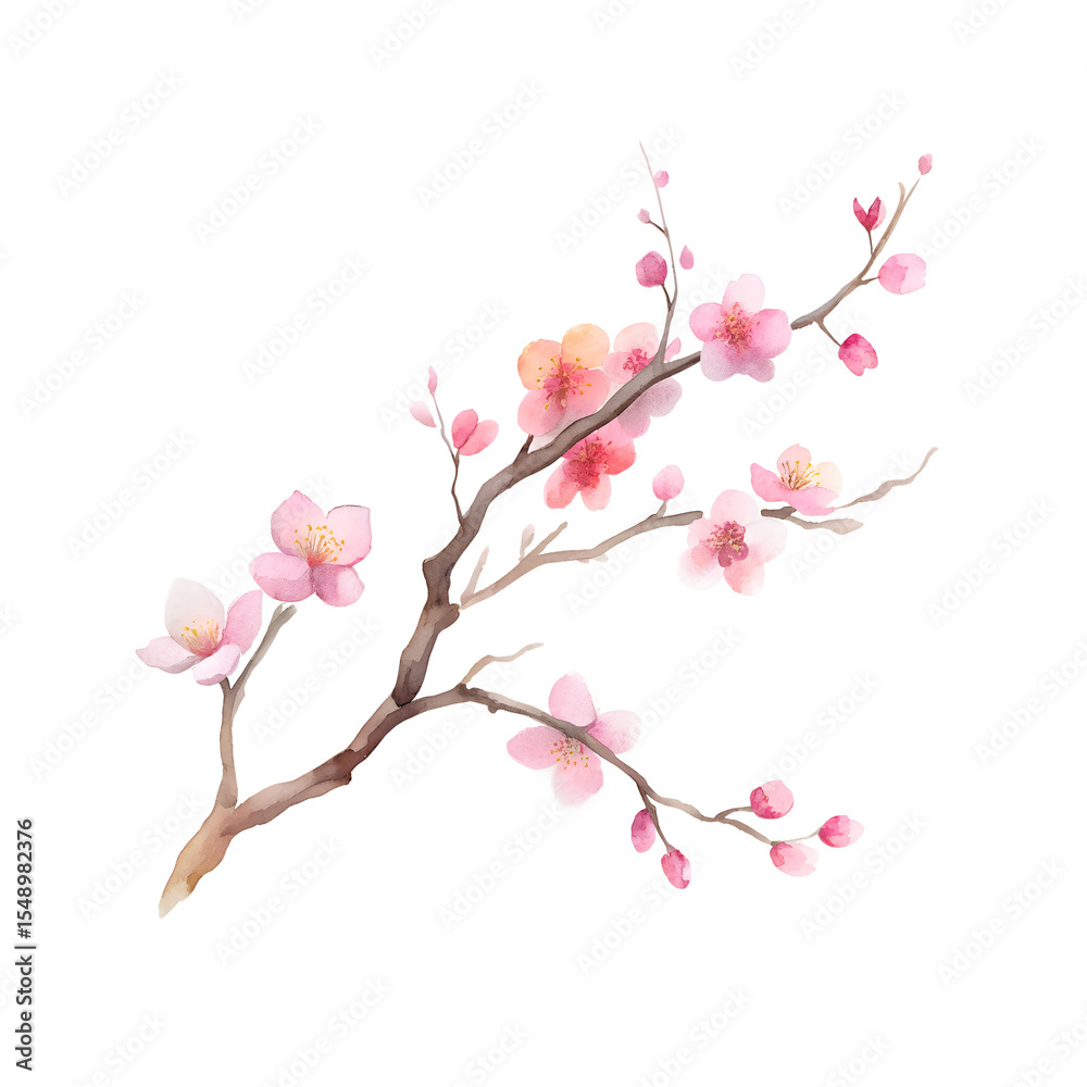 Cherry blossom branch in soft pink watercolor on transparent background Cherry blossom branch in soft pink watercolor on transparent background