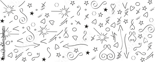 Sketch underline, emphasis, arrow shape set. Hand drawn brush stroke, highlight, speech bubble, underline, sparkle element. Vector illustration.