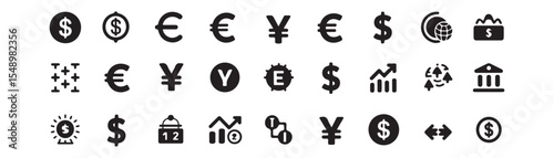 Currency exchange, financial growth icon set. Vector glyph pictograms of dollar, euro, yen, cryptocurrency, stock market, banking, investment, global economy black silhouette illustration. 