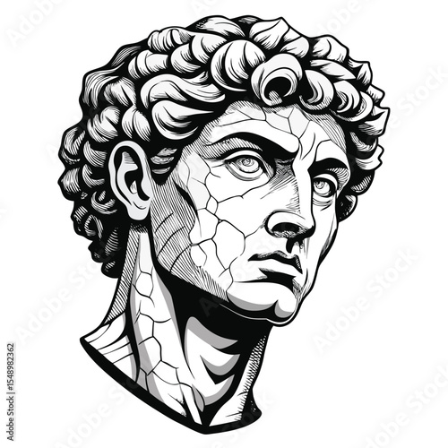 Antique Statue Illustration: A monochromatic close-up of a classical statue, meticulously drawn to emphasize the detailed textures and expressive features, evoke history and artistic magnificence.