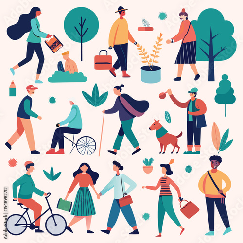 Harmony in Motion: Illustrative depiction of people of diverse backgrounds gracefully navigating outdoor spaces, each engaged in their unique journey of urban life, accompanied by plants and trees. 