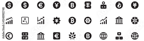 Currency exchange, financial growth icon set. Vector glyph pictograms of dollar, euro, yen, cryptocurrency, stock market, banking, investment, global economy black silhouette illustration. 