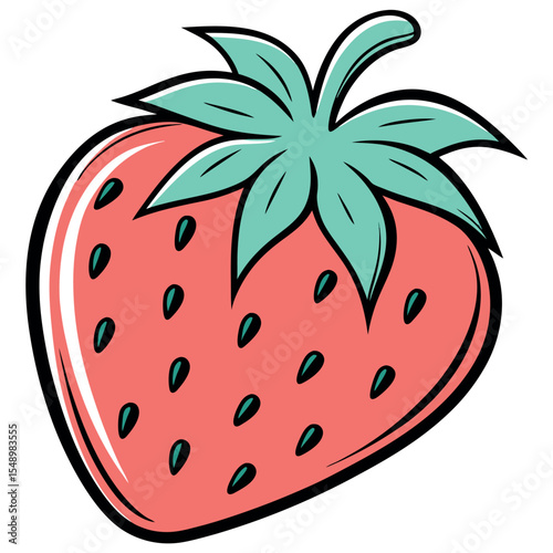 Stylized illustration of a red strawberry with green leaves and black seeds