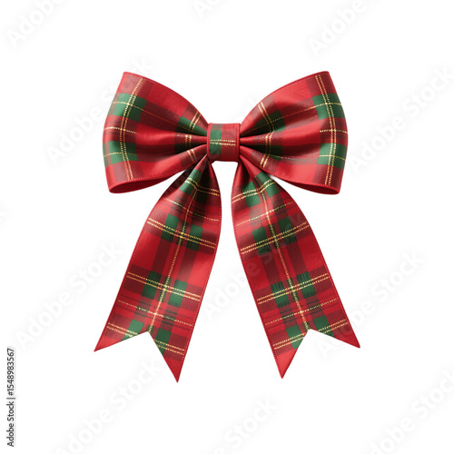 Red and green plaid ribbon bow isolated on transparent background