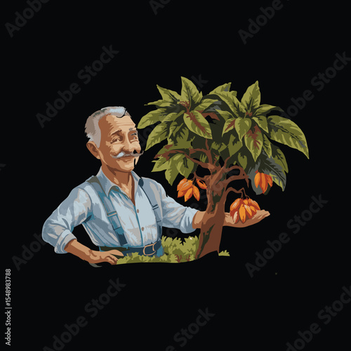 A detailed vintage-style illustration of an elderly farmer standing beside a small cacao tree with ripe cacao pods. The man has a kind expression with a mustache and is wearing a light blue shirt and 
