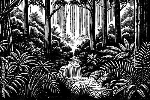 tropical rainforest with mist-covered trees and hidden waterfalls deep within, a black and white sketch vector