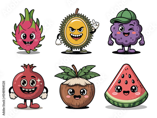 Six Cute Cartoon Fruits Dragon Fruit Durian Grape Pomegranate Coconut Watermelon Kawaii Style Illustration