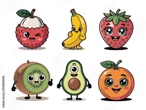 Six Cute Cartoon Fruits Lychee Banana Strawberry Kiwi Avocado Orange Kawaii Style Illustration vector