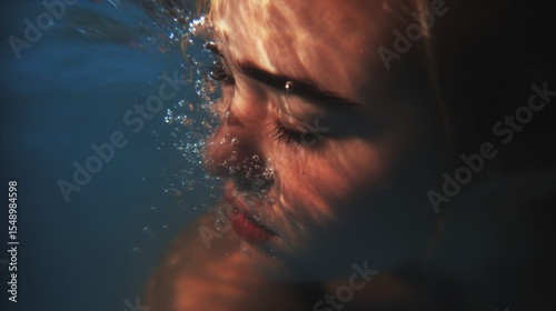 Person underwater with eyes closed, holding breath, surrounded by rising bubbles. Crystal clear water, focused on subject.	
