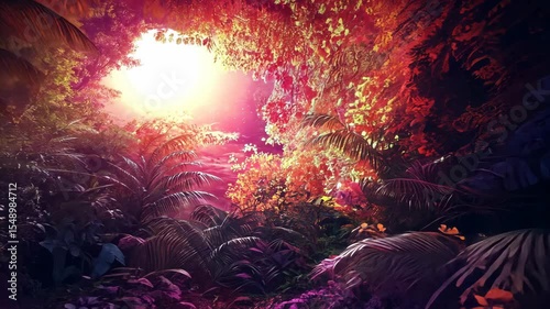Vibrant sunset through lush, tropical foliage