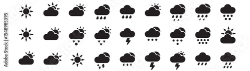 Weather, climate icon set. Vector glyph pictograms of sun, cloud, rain, snow, thunderstorm, humidity, UV index, forecast, meteorology and atmospheric condition black silhouette illustration.