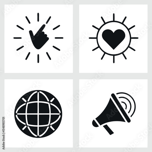 Iconography of a pointing finger heart sun globe and megaphone